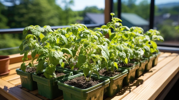 Planta de tomate do meu jardim em um recipiente Plantas jovens e frescas estão por toda a área diretamente