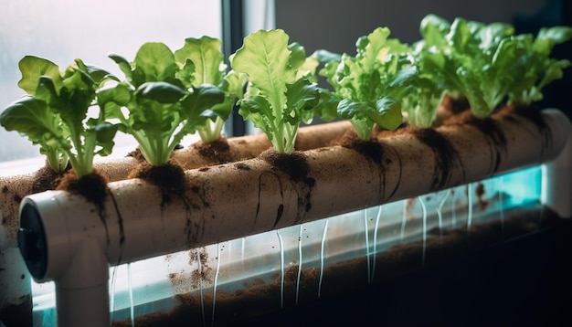 Planta de tomate orgânico fresco cresce em estufa gerada por IA