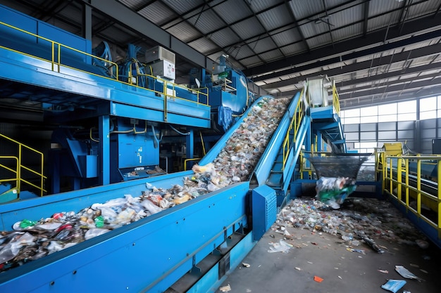 Planta de triagem de resíduos Muitos transportadores diferentes e transportadores de lixeiras cheios de vários resíduos domésticos Descarte e reciclagem de resíduos Planta de processamento de resíduos