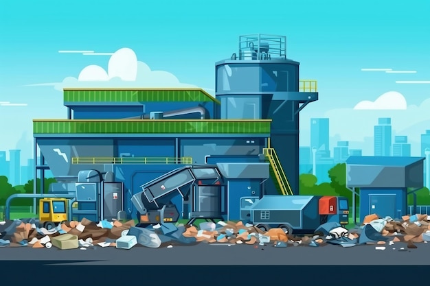 Planta de triagem de resíduos Transportadores de ilustração estilizada cheios de vários resíduos domésticos Descarte e reciclagem de resíduos Planta de processamento de resíduos