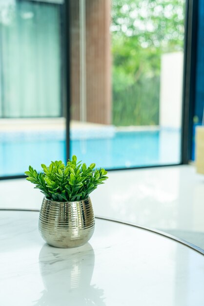 Planta en decoración de jarrón sobre la mesa en el salón