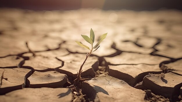 La planta del desierto prospera en un día sofocante de terreno fracturado y reseco impactado por el cambio climático IA generativa
