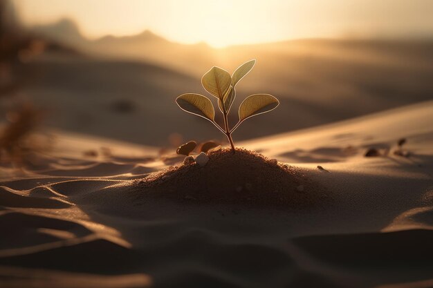 Una planta en el desierto con la puesta de sol detrás de ella