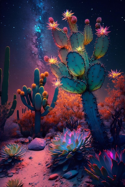 Planta do cacto com flores e estrelas no céu noturno generative ai