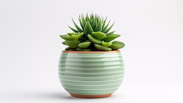 Planta em vaso de cactos suculentos isolados contra um pano de fundo branco observado de frente