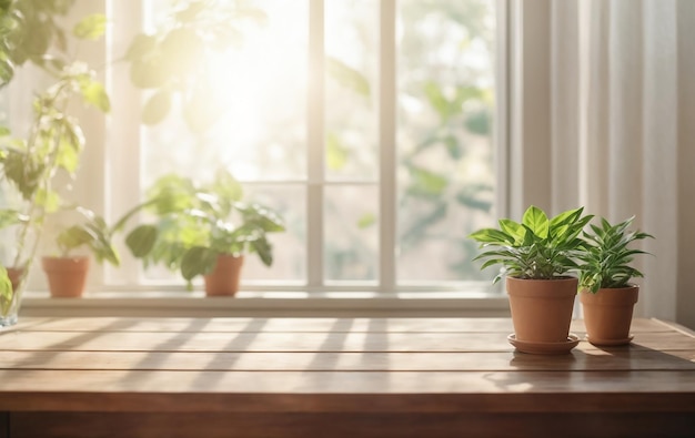 Planta em vaso em mesa de madeira em frente à janela com fundo de luz solar Foto de alta qualidade
