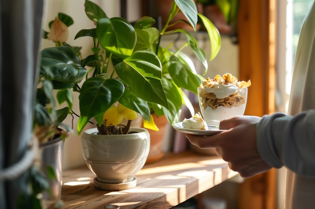 Planta em vaso na prateleira pessoa com iogurte perfeito ambiente de luz natural