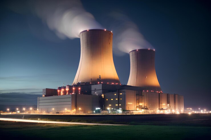 Planta de energía atómica al atardecer Producción de energía eléctrica y térmica Concepto de energía nuclear