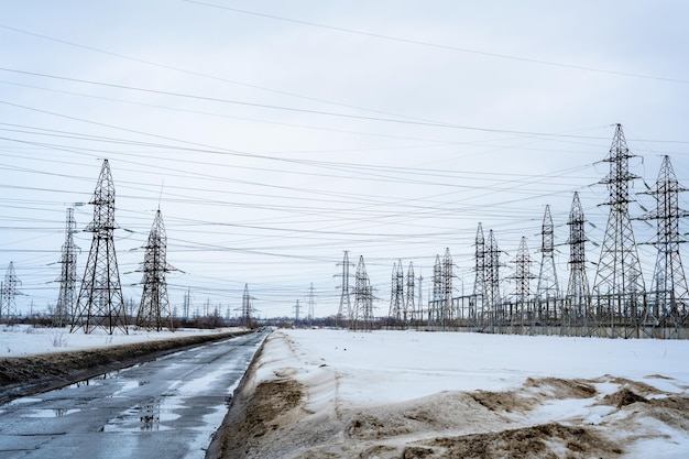 La planta de energía de los cables de los postes eléctricos de energía