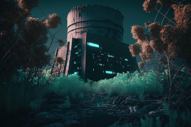 Planta de energía nuclear abandonada en un mundo destruido después del apocalipsis Paisaje de catástrofe de la ciudad AI