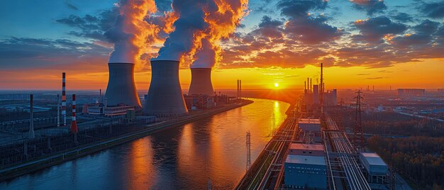 Planta de energía nuclear contra el cielo junto al río