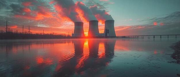 Planta de energía nuclear contra el cielo junto al río