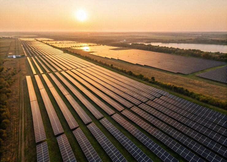Planta de energía solar al atardecer