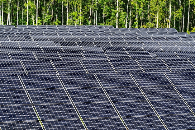 Planta de energía solar en paneles fotovoltaicos de día de verano para producción eléctrica renovable