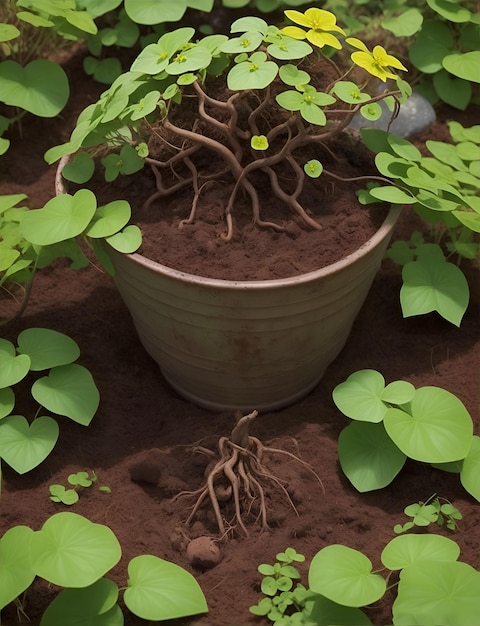 Una planta epimedia en maceta con raíces en la tierra.