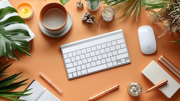 Planta de un espacio de trabajo con un teclado un ratón plumas una vela y plantas