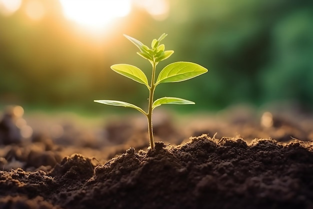 Una planta está creciendo en el suelo con el sol brillando