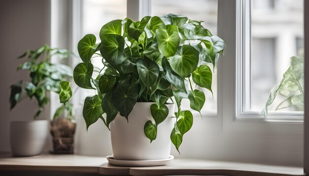 una planta está en una olla blanca en el umbral de una ventana