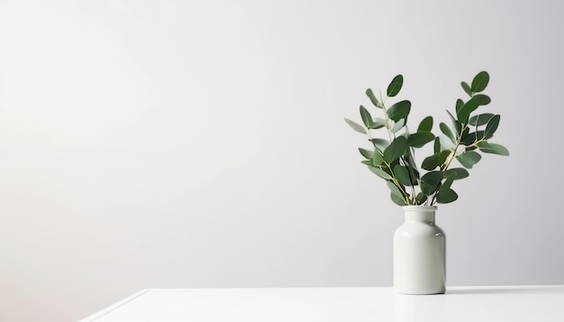 Planta de eucalipto mínima en un jarrón en la mesa con una maqueta de pared blanca en el fondo del interior del hogar