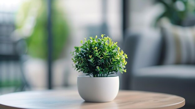 Planta falsa em close-up na mesa de café decoração na sala de estar IA geradora