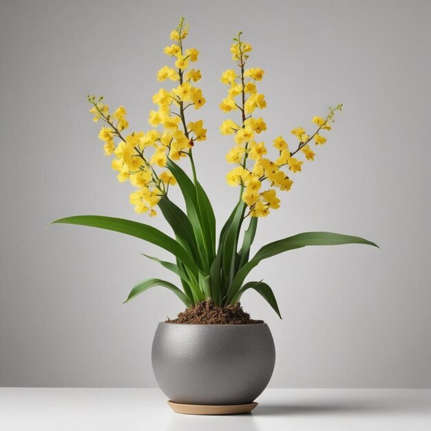 una planta con flores amarillas en un jarrón gris