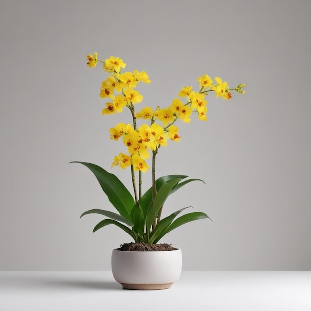 una planta con flores amarillas en una olla blanca