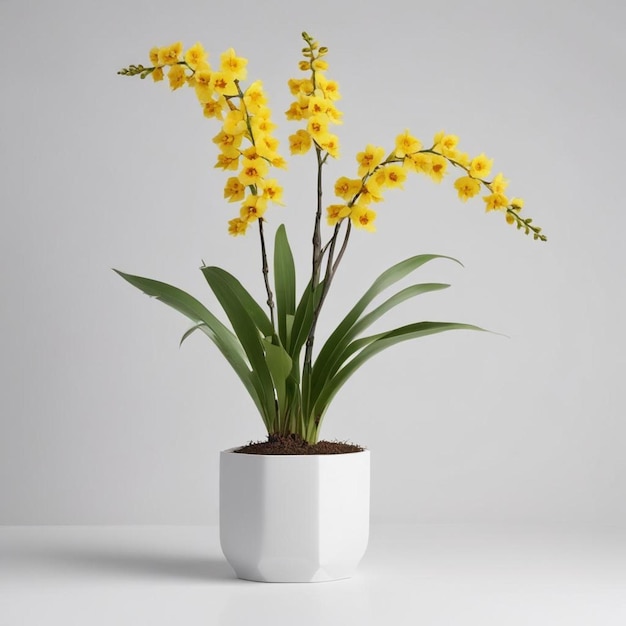 una planta con flores amarillas en una olla blanca