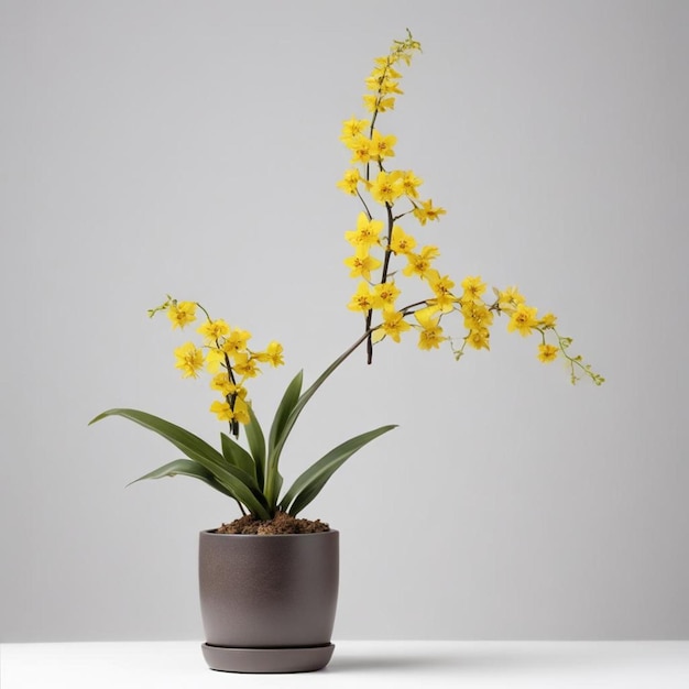 una planta con flores amarillas en una olla con un gran l a d