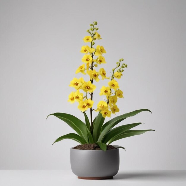 Foto una planta con flores amarillas en una olla gris