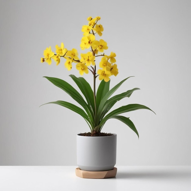 una planta con flores amarillas en una olla en una mesa