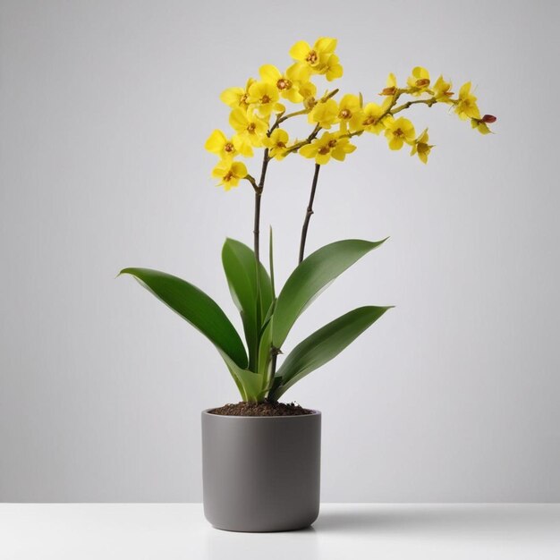 Foto una planta con flores amarillas en una olla en una mesa