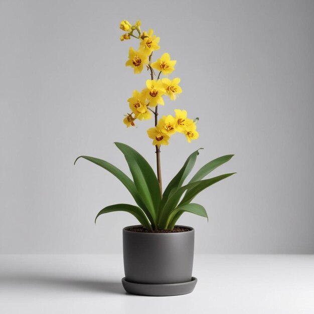 una planta con flores amarillas en una olla negra