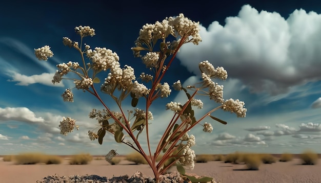 Una planta con flores blancas en el desierto.