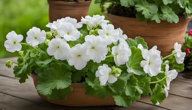 Foto una planta con flores blancas en una olla que dice geranio