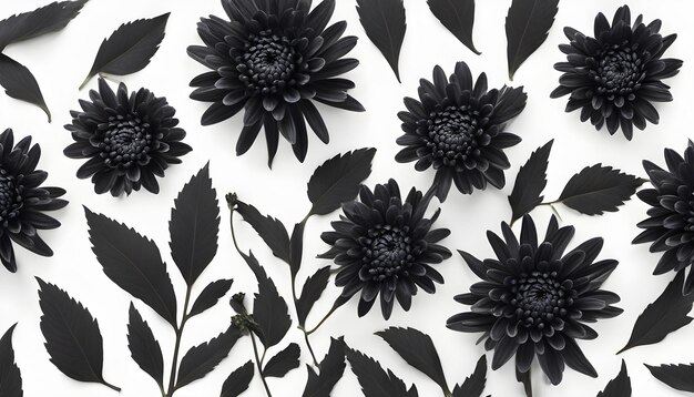 Planta de flores de crisantemo negro con hojas aisladas sobre un fondo blanco