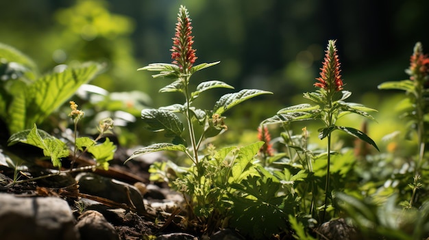 una planta con flores rojas en el bosque