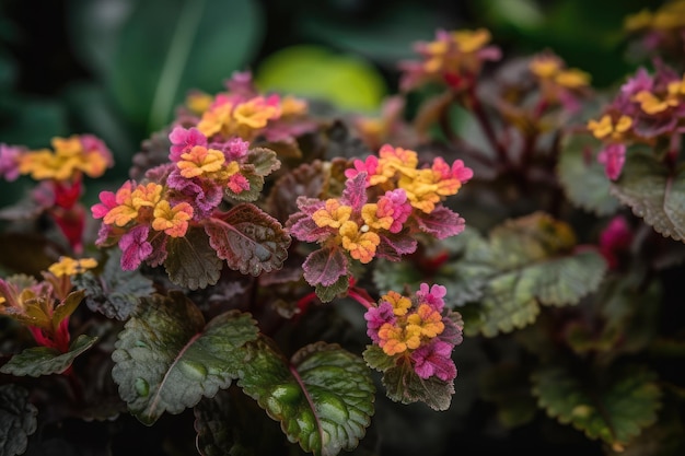 Planta florida com explosão de folhas e flores coloridas