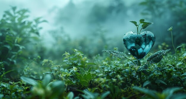 Planta en forma de corazón en el fondo verde de la niebla de la mañana