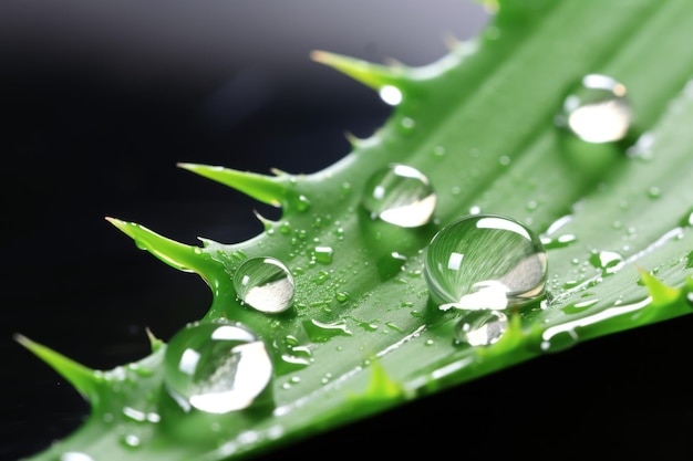 Planta fresca de aloe vera con una gota de su gel en la punta.