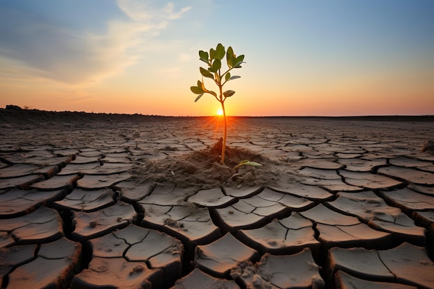 Una planta fresca que crece en un paisaje árido representa el efecto ambiental global