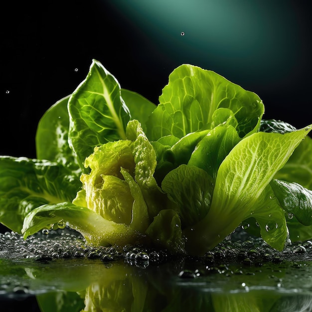 Una planta frondosa está en el agua con gotas de agua sobre ella.