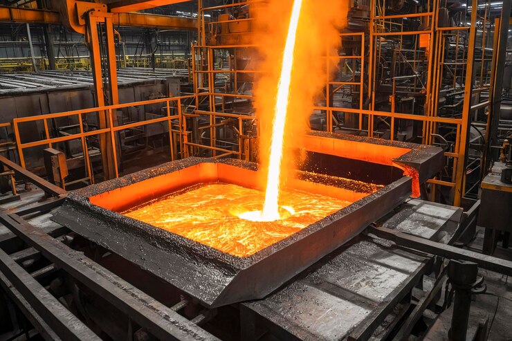 Planta de fundición de aluminio aluminio fundido que se vierte en moldes con un brillo naranja brillante
