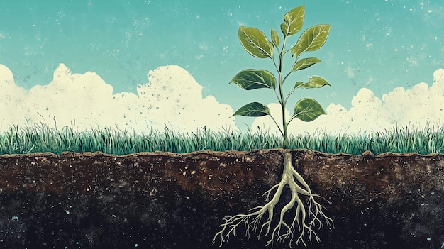 Una planta germinante con raíces que emerge de un suelo rico bajo un cielo brillante en un día soleado que simboliza el crecimiento y los nuevos comienzos