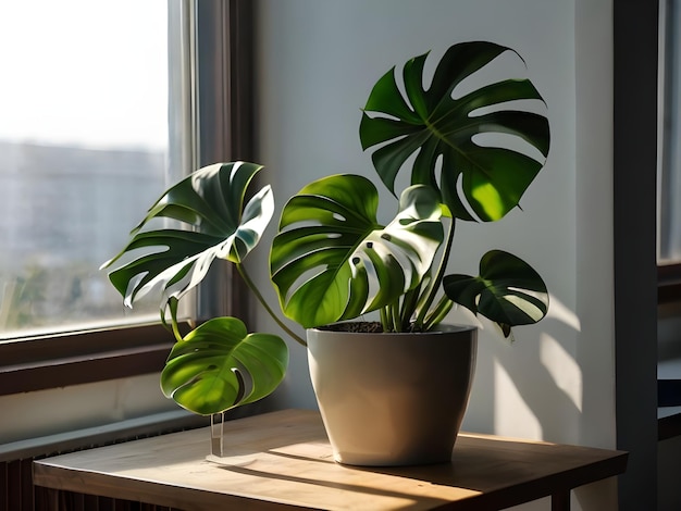 Planta gigante de Monstera no interior junto à janela com vegetação