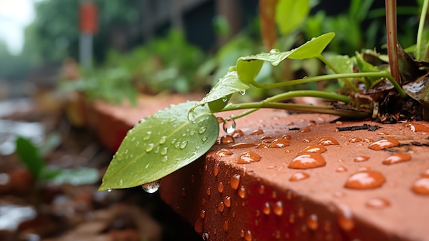 una planta con gotas de agua en ella y algunas plantas en el fondo