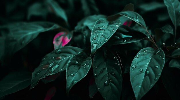 Una planta con gotas de agua sobre ella.