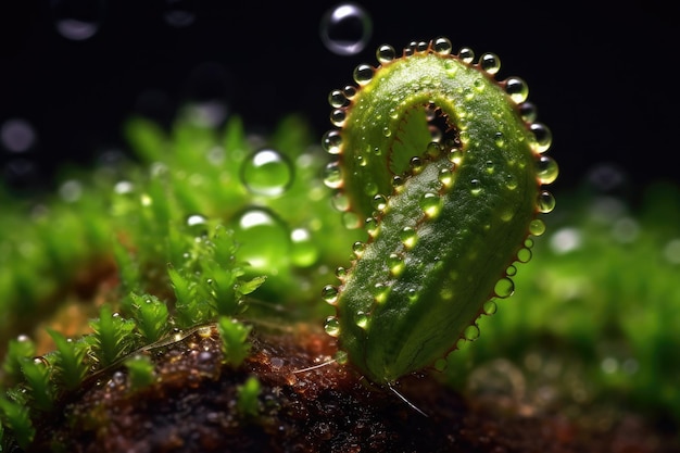 Una planta con gotas de agua en sus hojas.