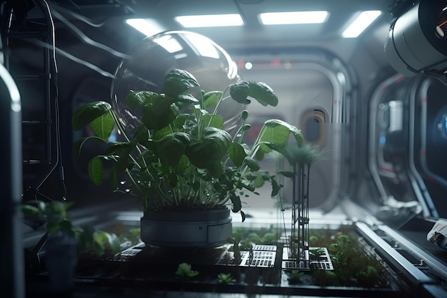 Foto una planta en una habitación oscura con una luz en la pared.