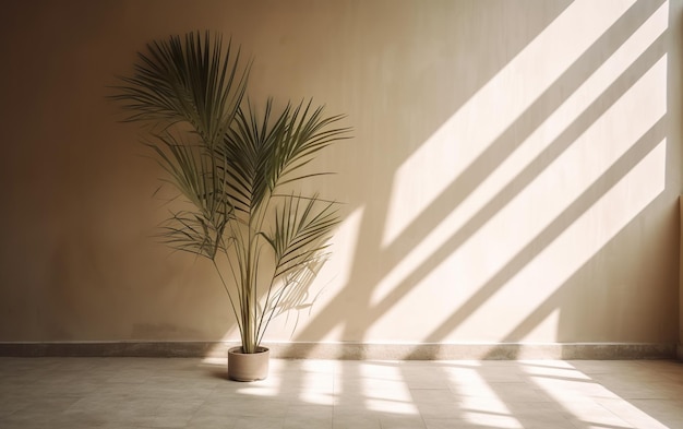 Una planta en una habitación vacía con la luz del sol entrando por la ventana.