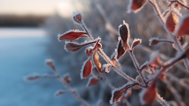 Una planta helada en la nieve.